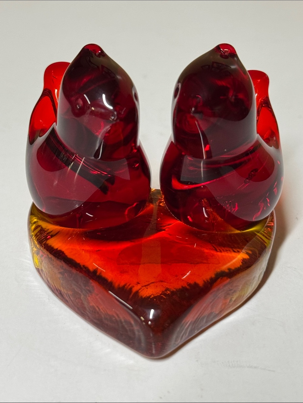 Cardinals of Love Titan Art Glass Red Amberina on heart base glows